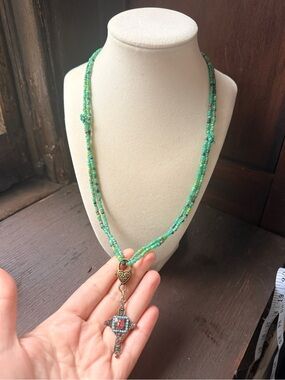 Green Beaded Cross Pendant Necklace